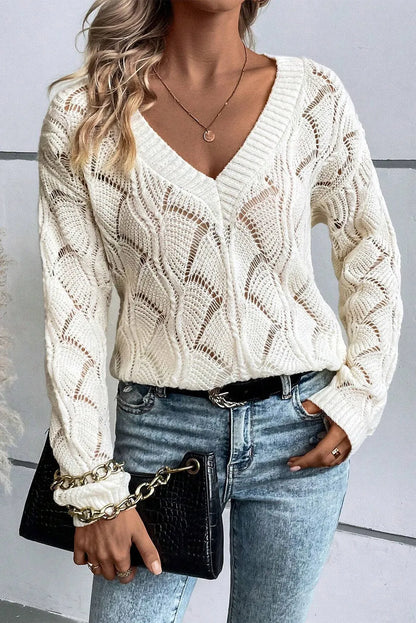 Beige Hollow Out Knit V Neck Drop Shoulder Sweater - Chic Meadow Boutique 