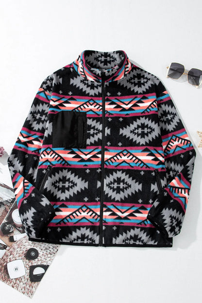 Black Aztec Printed Zip Up Collar Jacket - Chic Meadow Boutique 