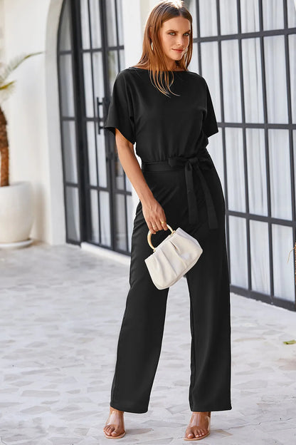 Black Belted Wide Leg Jumpsuit - Chic Meadow Boutique 