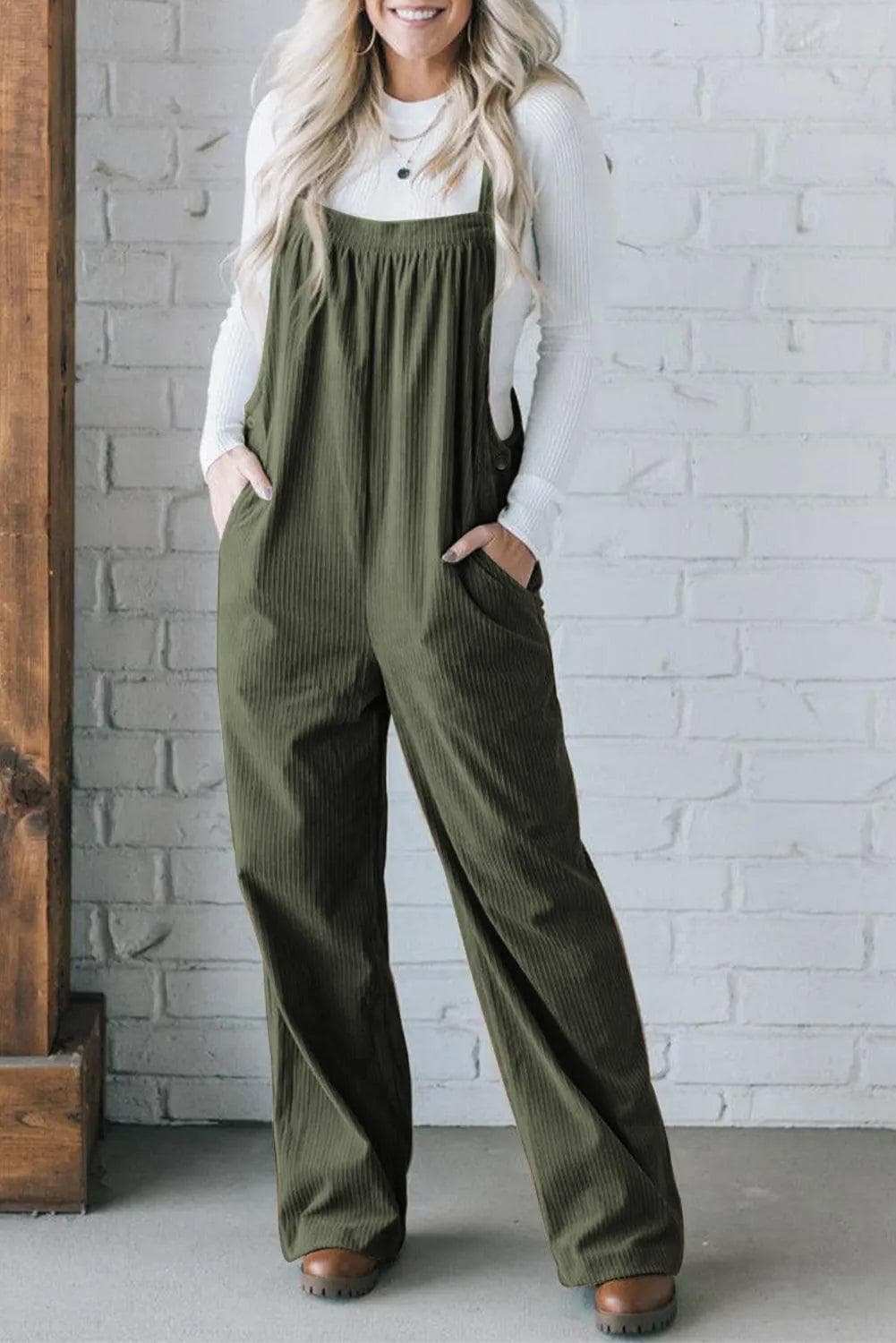 Bottoms/Jumpsuits & Rompers Jungle Green / S / 100%Polyester Jungle Green Solid Pocketed Loose Fit Corduroy Overall