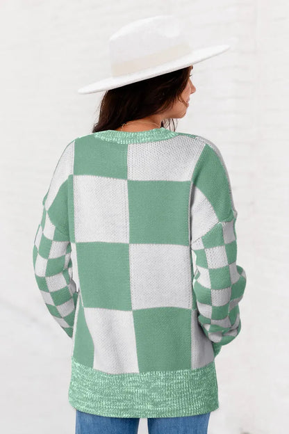 Tops/Sweaters & Cardigans Mint Green Checkered Print Drop Shoulder Sweater