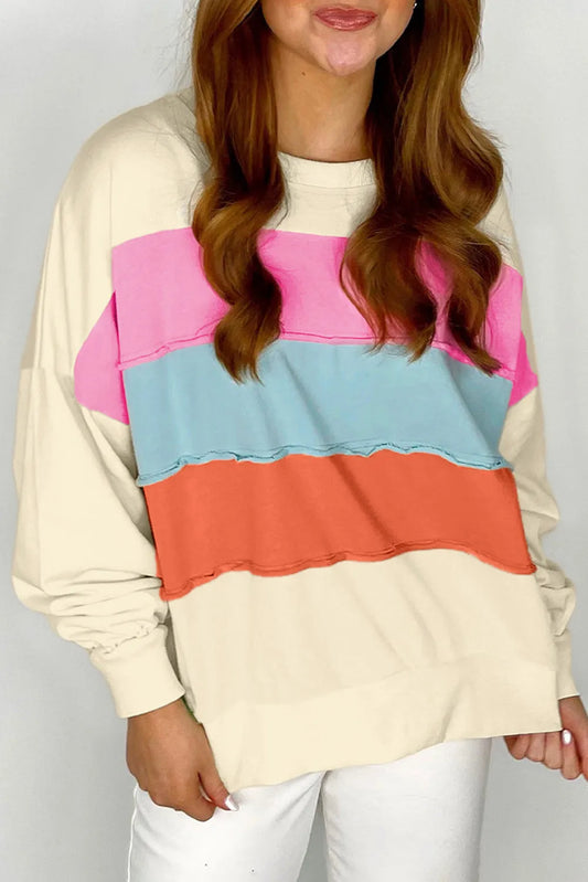 White Colorblock Patchwork Crewneck Drop Shoulder Sweatshirt - Chic Meadow Boutique 