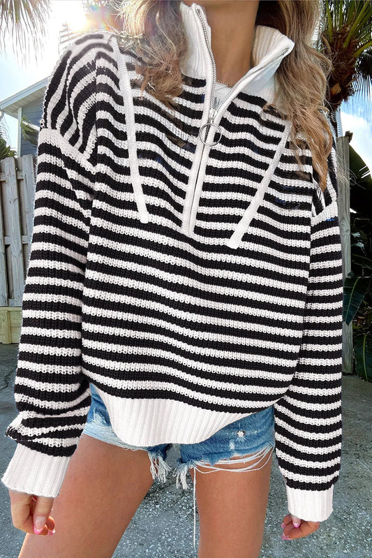 Black Stripe Zip up Collar Drop Shoulder Sweater - Chic Meadow Boutique 