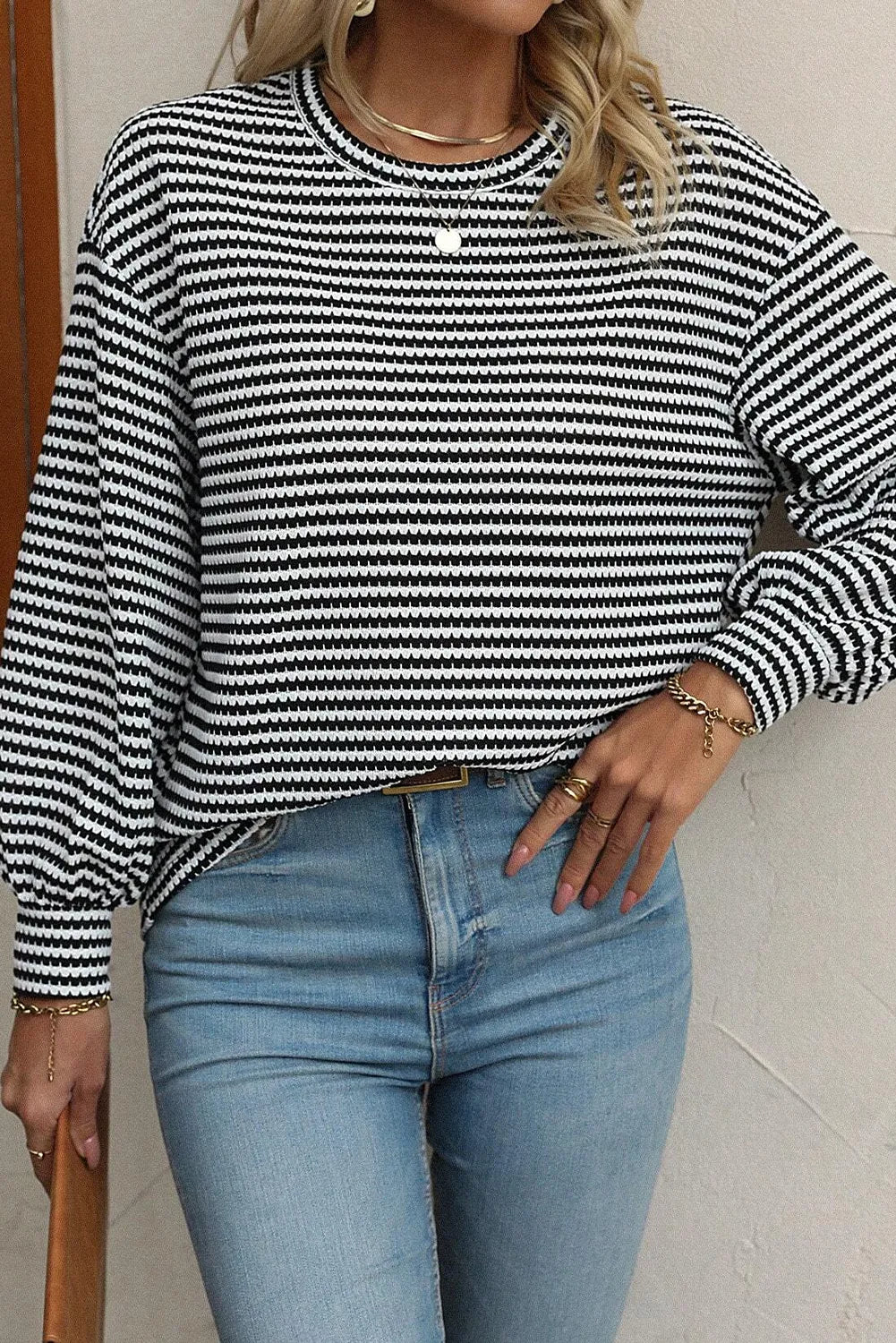 Black Stripe Round Neck Drop Shoulder Long Sleeve Top - Chic Meadow Boutique 