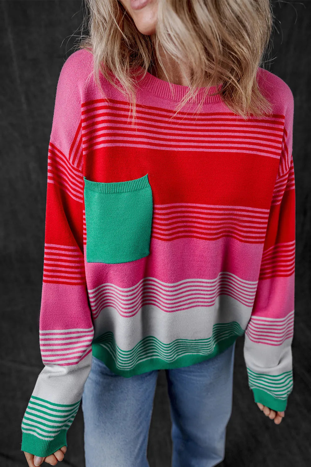 Rose Striped Knit Patch Pocket Drop Shoulder Sweater - Chic Meadow Boutique 