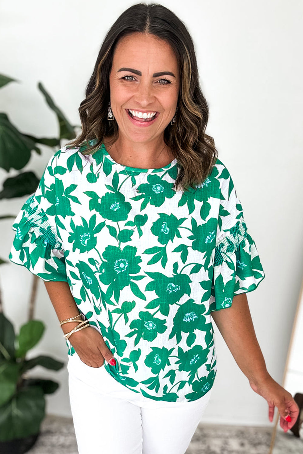 Green Floral Printed Ruffled Short Sleeve Round Neck Loose Blouse