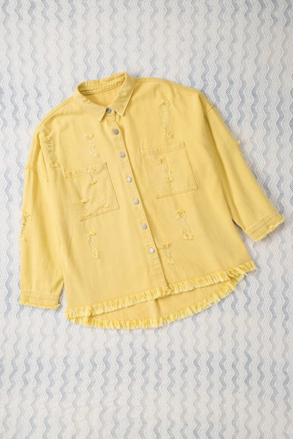 Yellow Distressed Fringe Trim Denim Jacket - Chic Meadow Boutique 