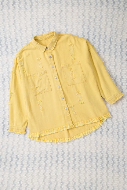 Yellow Distressed Fringe Trim Denim Jacket - Chic Meadow Boutique 