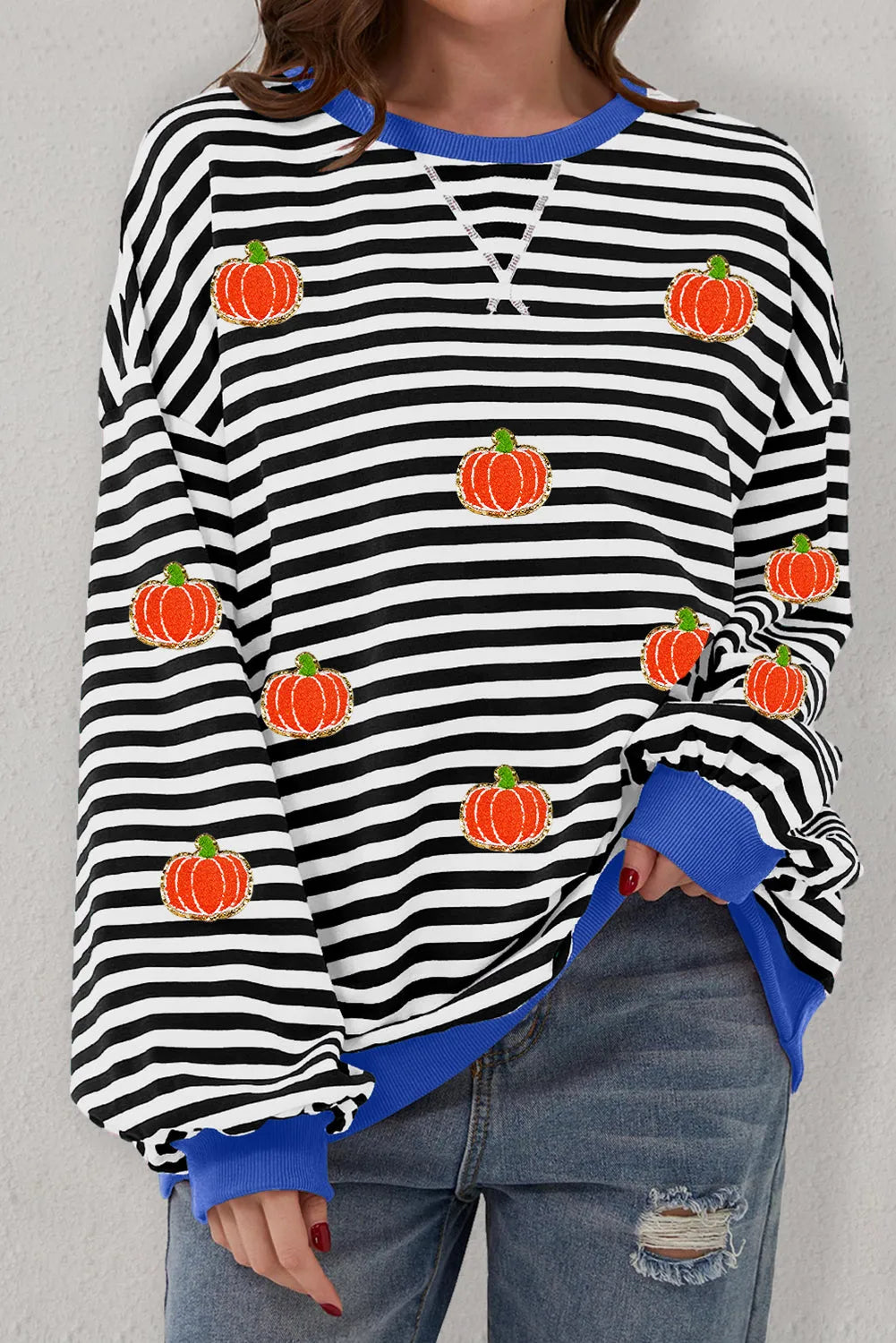 Black Stripe Glitter Halloween Pumpkin Print Oversized Sweatshirt - Chic Meadow Boutique 