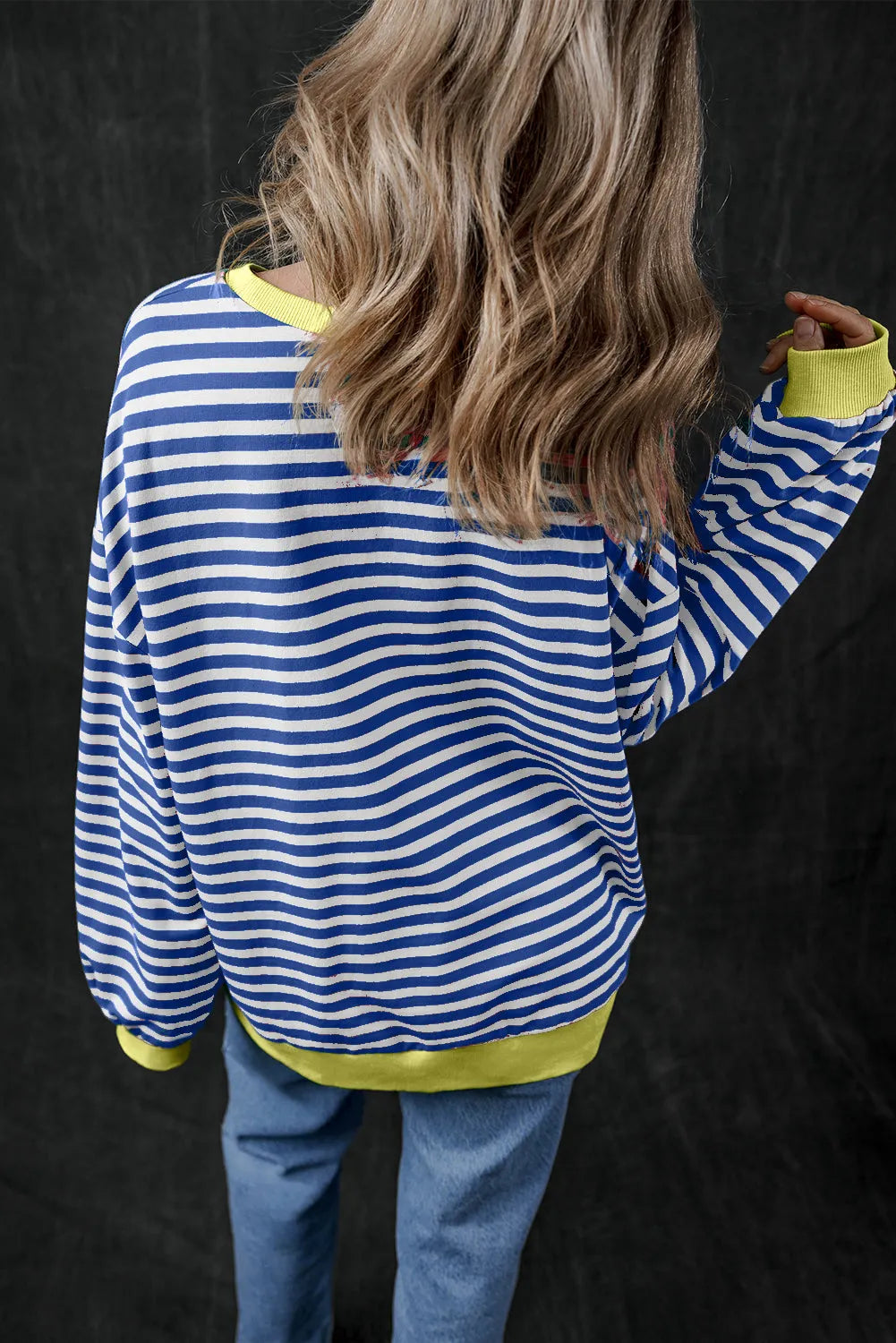 Blue Stripe Oversized Contrast Trim Pullover Sweatshirt - Chic Meadow Boutique 