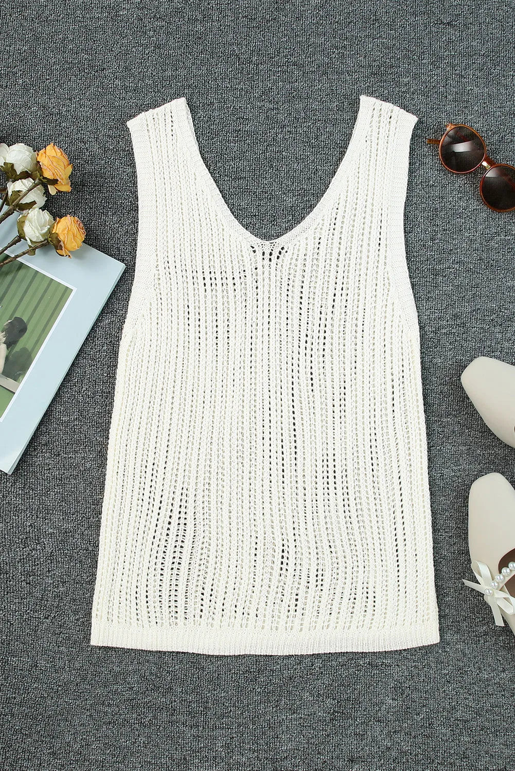 White Hollowed Knit V Neck Tank Top - Chic Meadow Boutique 