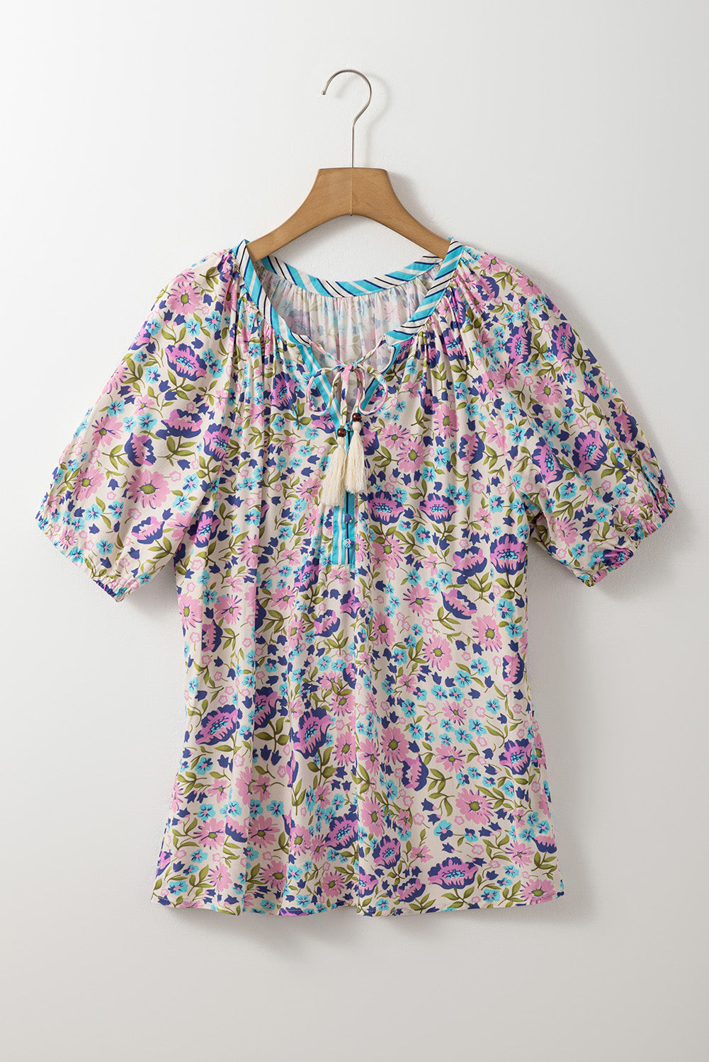 Multicolour Bohemian Floral V Neck Loose Half Sleeve Blouse