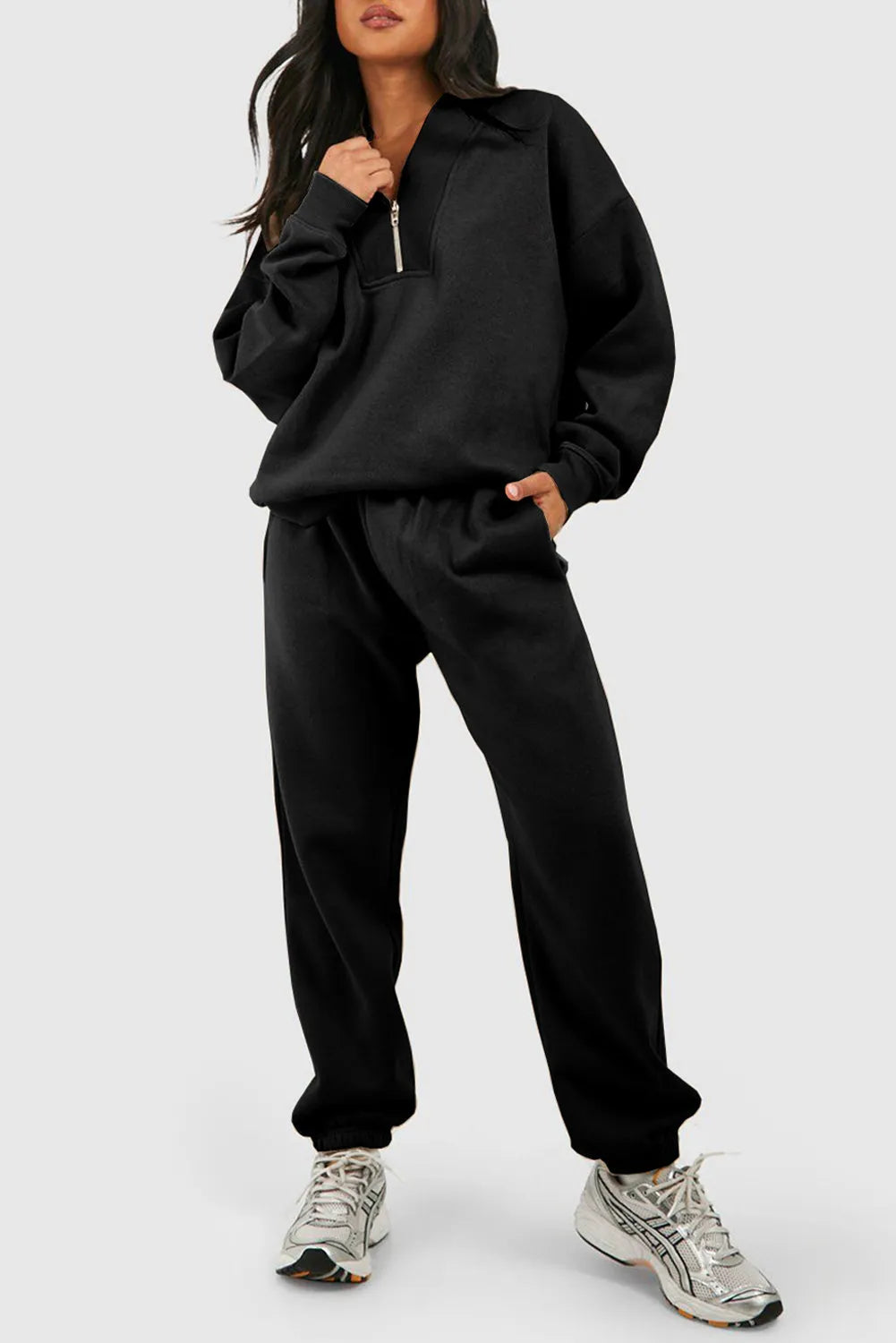 Black Plain Half Zip V Neck Ribbed Edge Loose Tracksuit - Chic Meadow Boutique 