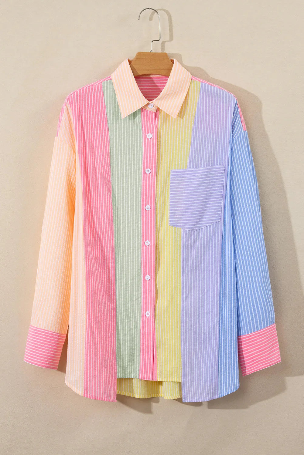 Pink Stripe Color Block Chest Pocket Oversized Shirt - Chic Meadow Boutique 