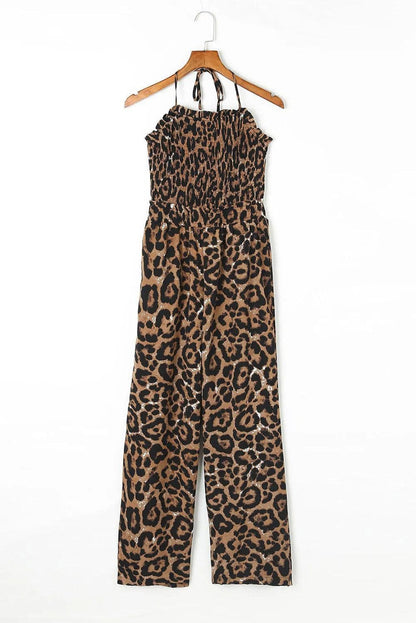 Leopard Print Halter Neck Backless Wide Leg Jumpsuit - Chic Meadow Boutique 