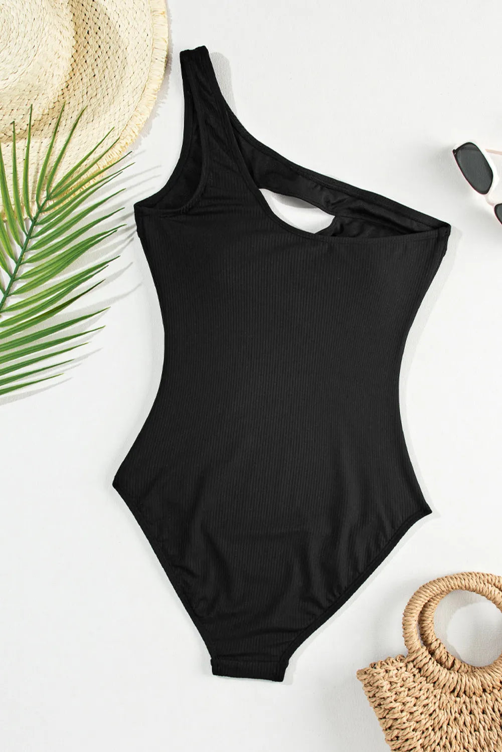 Black Ribbed One Shoulder Hollowed One Piece Swimsuit - Chic Meadow Boutique 