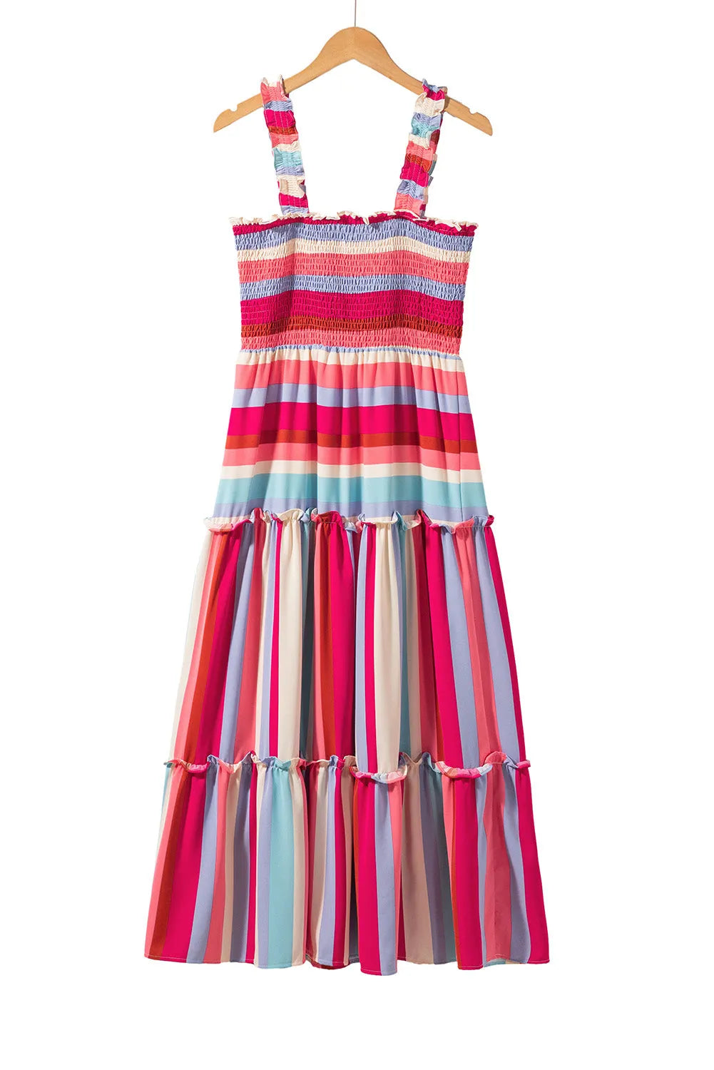 Red Stripe Ruffled Straps Smocked Tiered Long Dress - Chic Meadow Boutique 