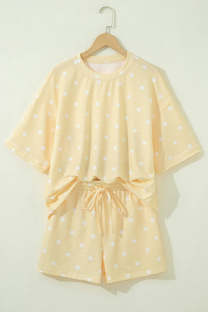 Yellow Exposed Seam Detail Polka Dot Loose Tee Drawstring Shorts Set