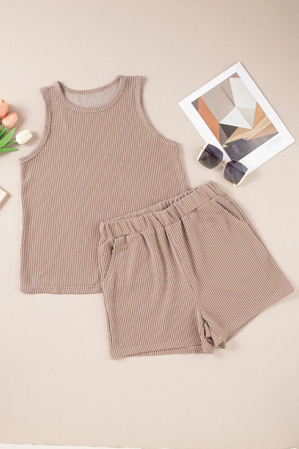 Smoke Gray Corded Sleeveless Top and Pocketed Shorts Set - Chic Meadow Boutique 