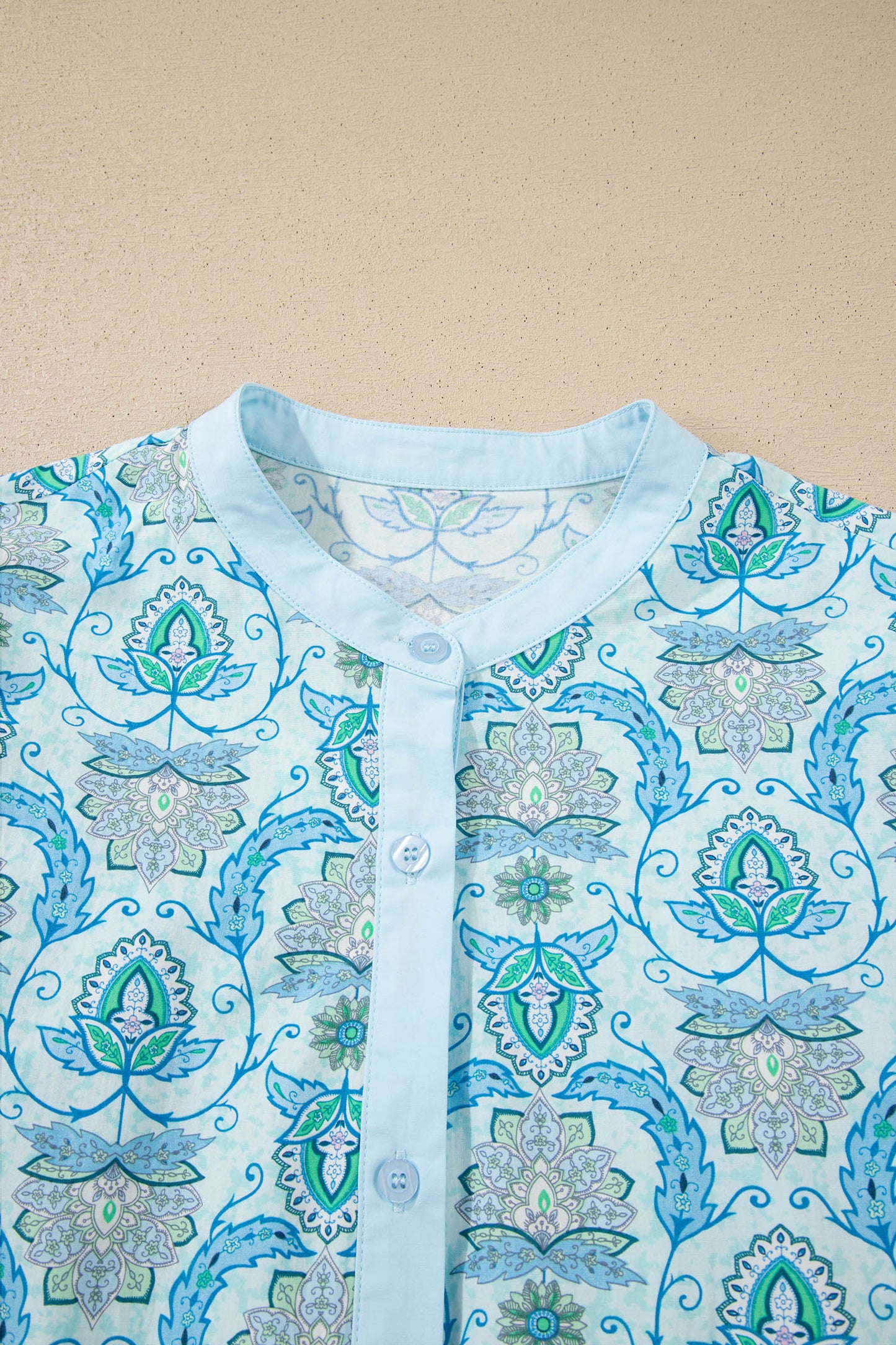 Sky Blue Paisley Print Puff Sleeve Loose Shirt