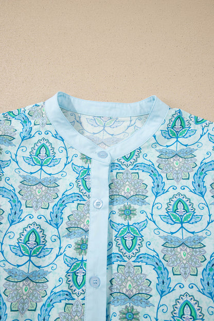 Sky Blue Paisley Print Puff Sleeve Loose Shirt