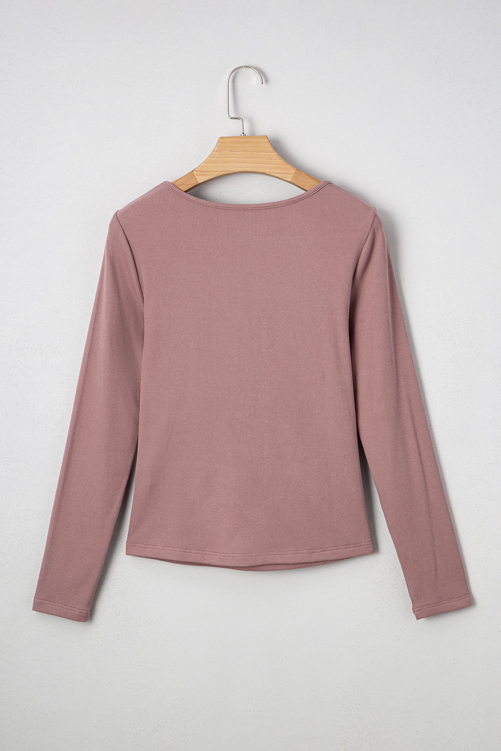 Old Rose Gathered Bust Square Neck Ribbed Fit Long Sleeve Top