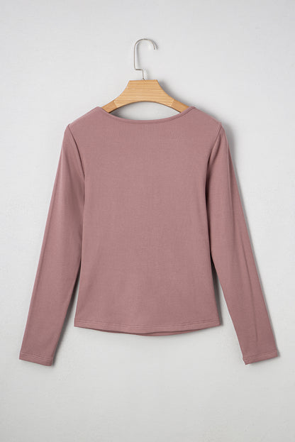 Old Rose Gathered Bust Square Neck Ribbed Fit Long Sleeve Top