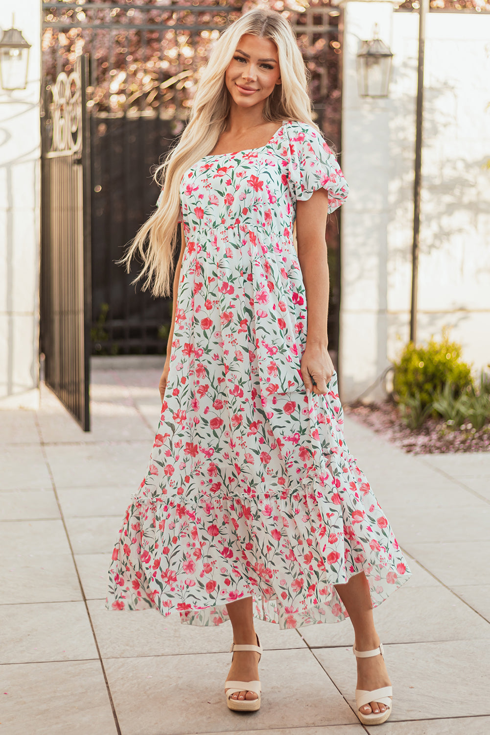 Pink Floral Puff Sleeve Square Neck Empire Waist Tiered Maxi Dress