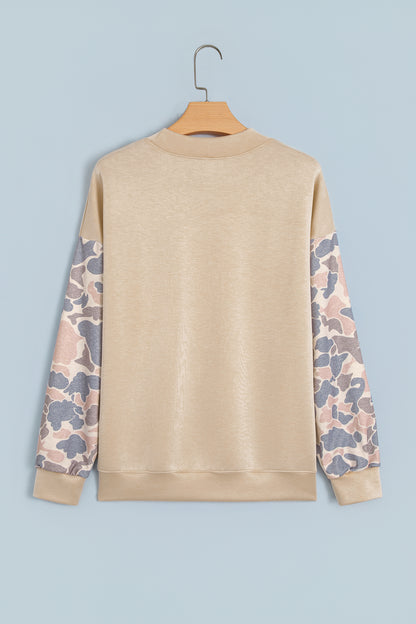 Beige Camouflage Sleeve Crewneck Baggy Pullover Sweatshirt