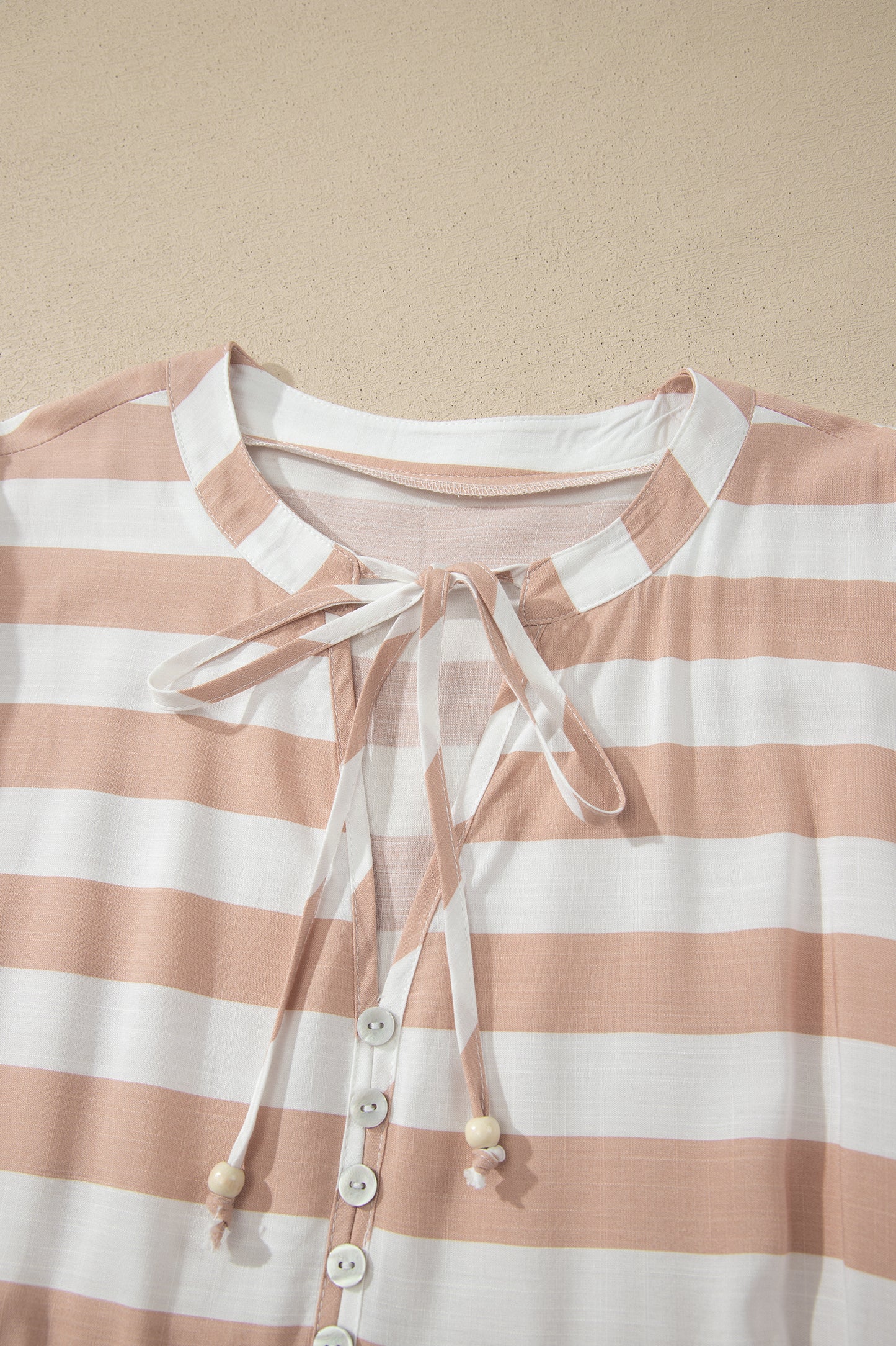 Khaki Stripe Tie V Neck Ruffle Trim Short Sleeve Flared Summer Dress