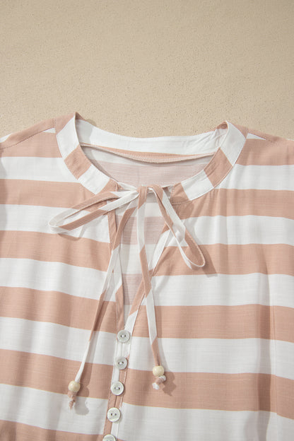 Khaki Stripe Tie V Neck Ruffle Trim Short Sleeve Flared Summer Dress