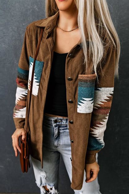 Khaki Aztec Pattern Corduroy Shacket - Chic Meadow Boutique 