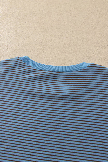 Blue Stripe Contrast Trim Round Neck Oversize Long Sleeve Top 2pcs Pant Set