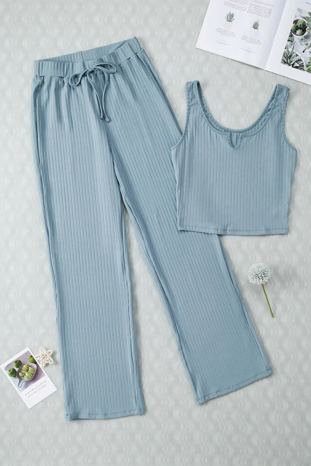 Blue Ribbed Crop Tank Drawstring Lounge Pants Set - Chic Meadow Boutique 