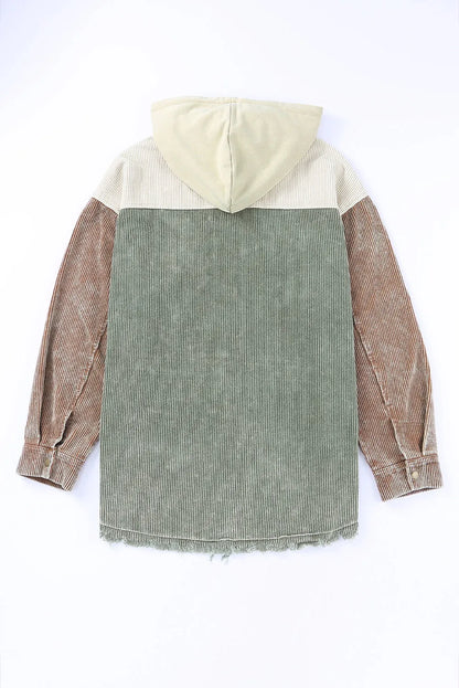 Green Color Block Button Down Hooded Corduroy Jacket - Chic Meadow Boutique 