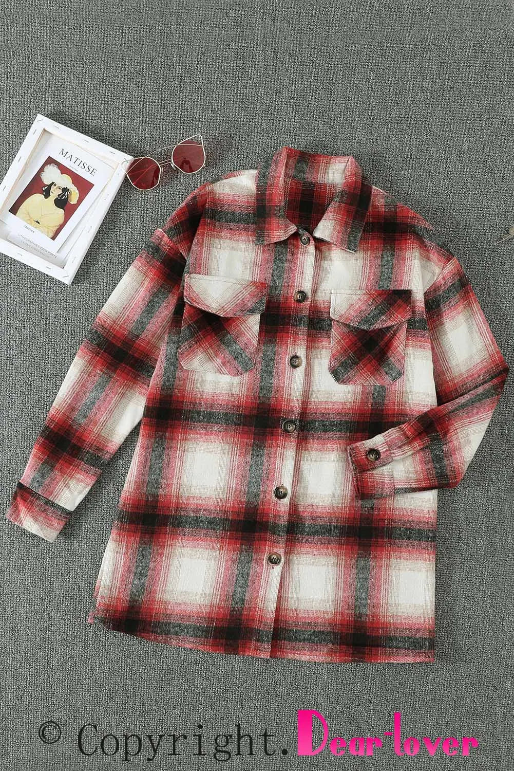 Red Turn down Neck Plaid Pocket Button Closure Coat - Chic Meadow Boutique 