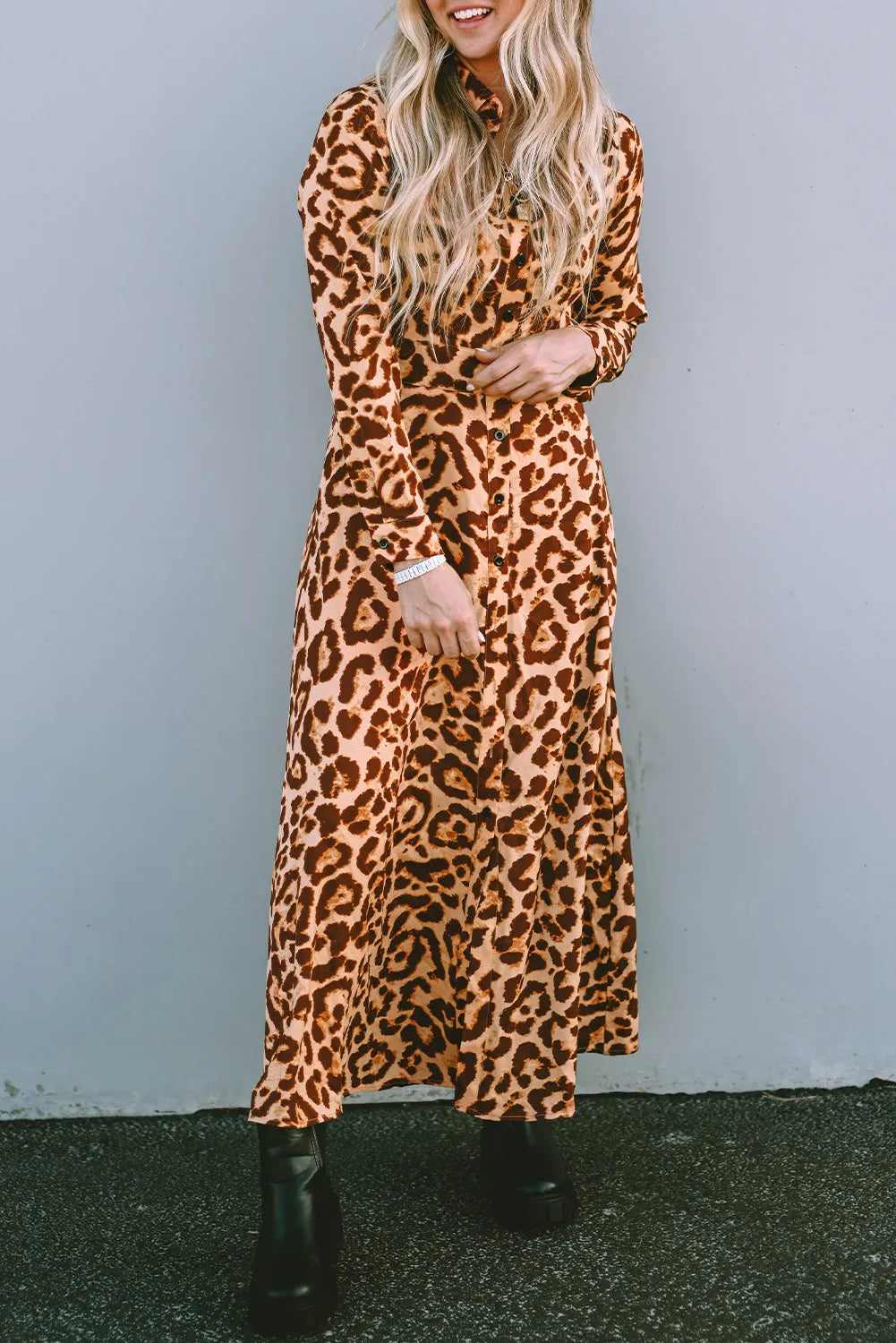 Leopard Button-Up Long Sleeve Maxi Dress - Chic Meadow Boutique 