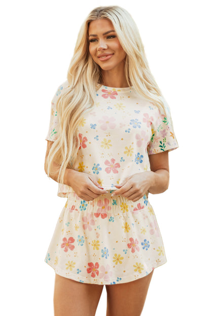 Apricot Floral Print Crop Top Wide Leg Short Set