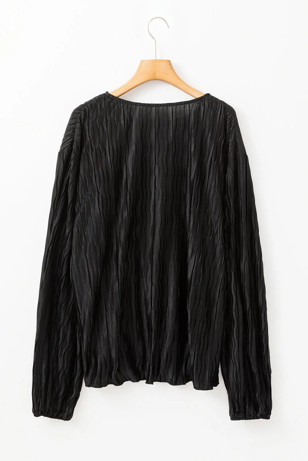 Black Textured Bubble Sleeve V Neck Loose Blouse - Chic Meadow Boutique 