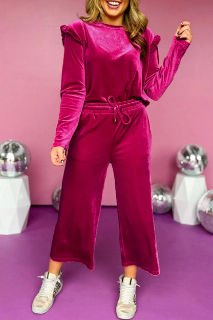 Rose Red Solid Velvet Ruffled Two Piece Pants Set - Chic Meadow Boutique 