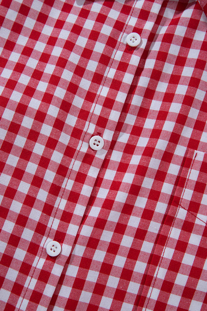 Red Plaid V Neck Long Sleeve Tunic Loose Fit Plus Size Shirt