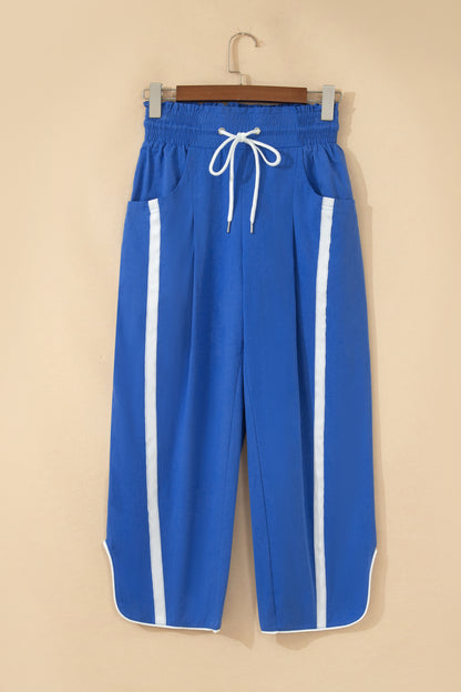 Dark Blue Contrast Striped Smocked Waist Drawstring Cropped Casual Pants