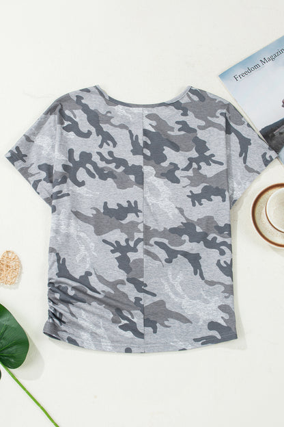 Gray Camouflage Print Round Neck T Shirt