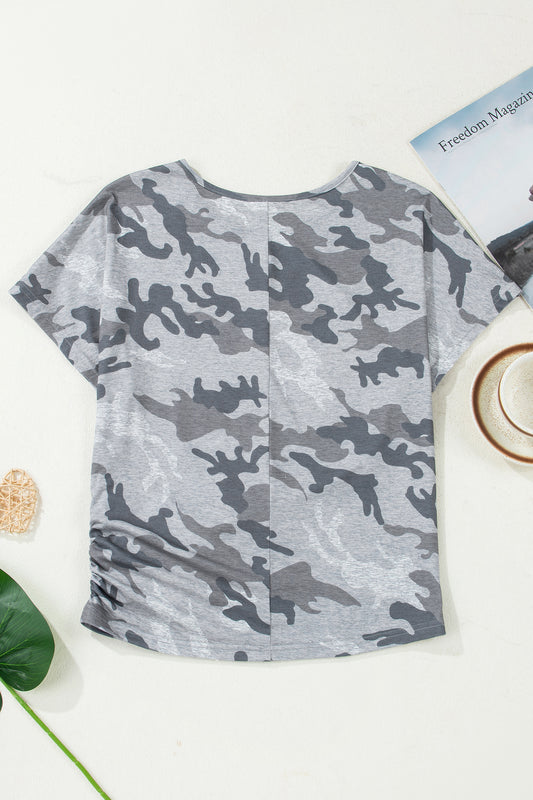 Gray Camouflage Print Round Neck T Shirt