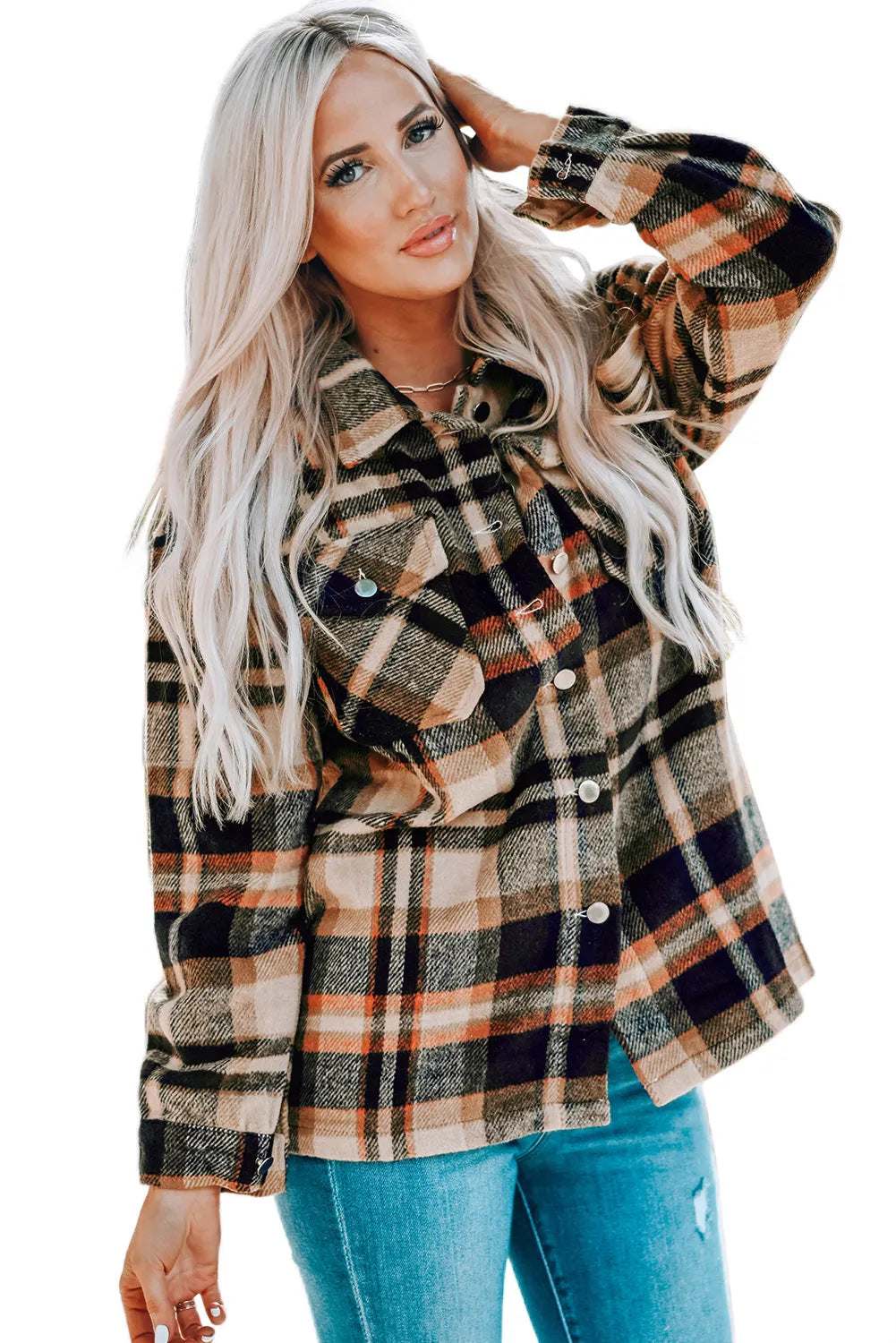 Orange Geometric Plaid Print Pocketed Shacket - Chic Meadow Boutique 