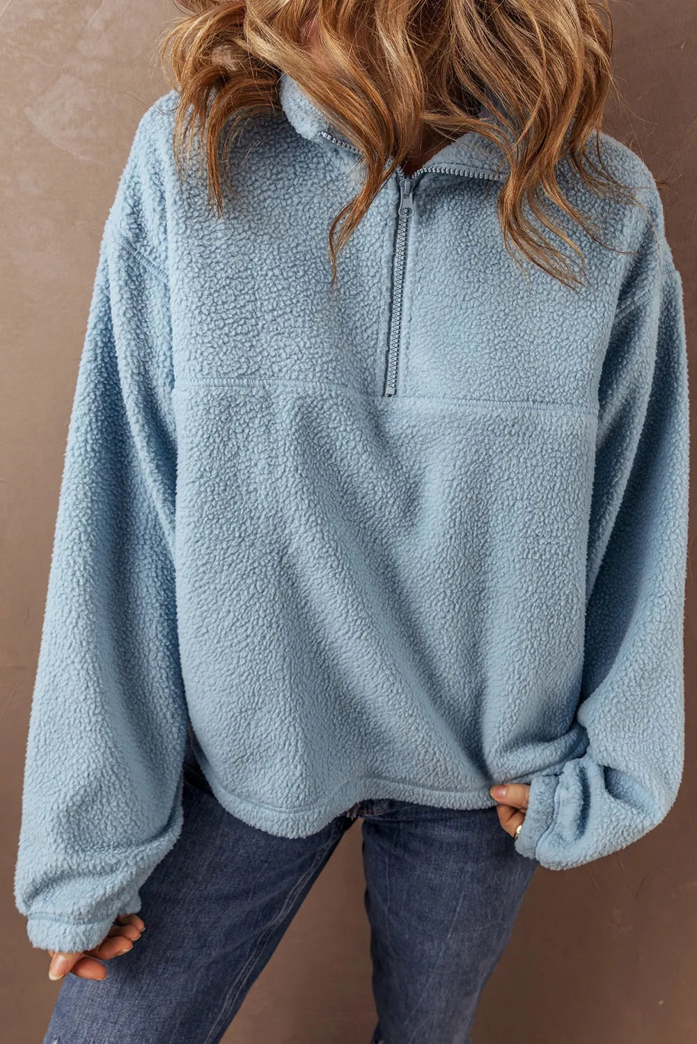 Myosotis Collared Zipper Drop Shoulder Fleece Sweatshirt - Chic Meadow Boutique 