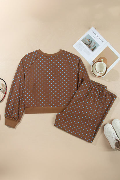 Brown Polka Dot Round Neck Long Sleeve Plus Size Set