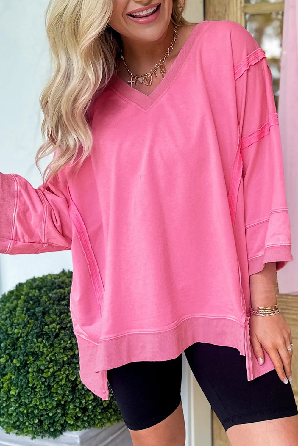 Bonbon Bracelet Sleeve Mineral Washed V Neck T Shirt - Chic Meadow Boutique 