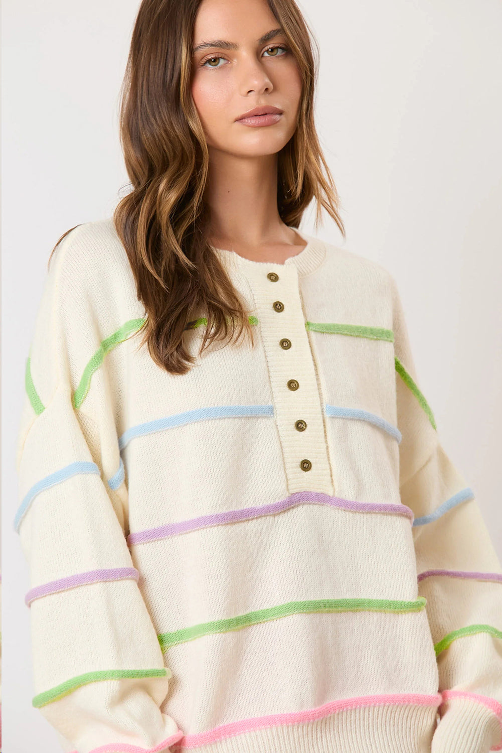 White Rainbow Stripes Drop Shoulder Baggy Henley Sweater