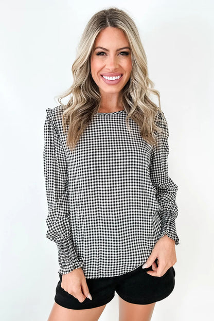 Black Plaid Shirred Cuff Long Sleeve Round Neck Blouse